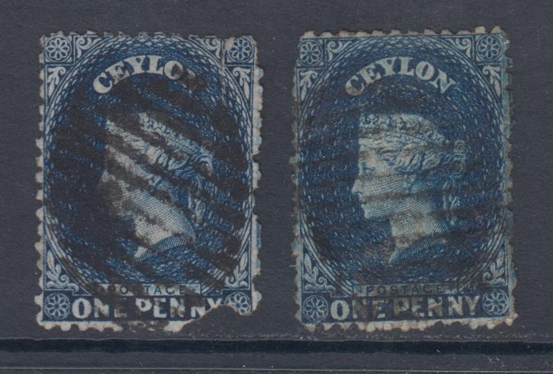 Ceylon SG 49w, 63ay used 1863 & 1867 1p blue Queen Victoria