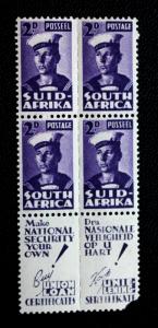 South Africa #93 MNH Block of 4 with Advertising Tabs 1943