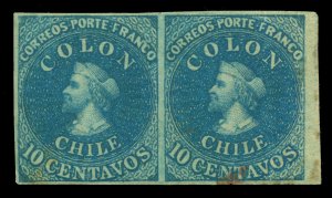 CHILE 1859  COLUMBUS   10c light blue  Scott # 10b mint MH  XF-SUPERB PAIR