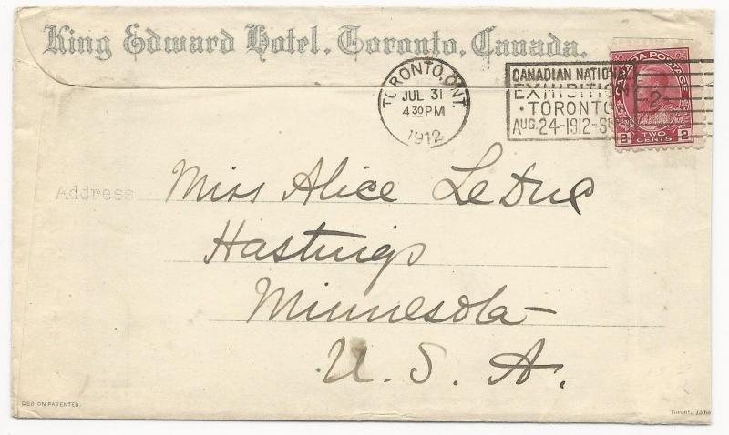 Canada Scott #106 Tied on Cover King Edward Hotel Exhibition Cancel Toronto 1912