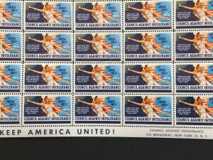 1956 Council Against Intolerance Label, Cinderella Stamp Full Sheet of 50