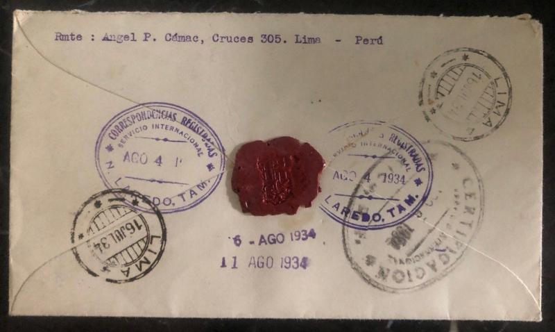 1934 Lima Peru Certified Mail cover To Mexico City Mexico Wax Seal