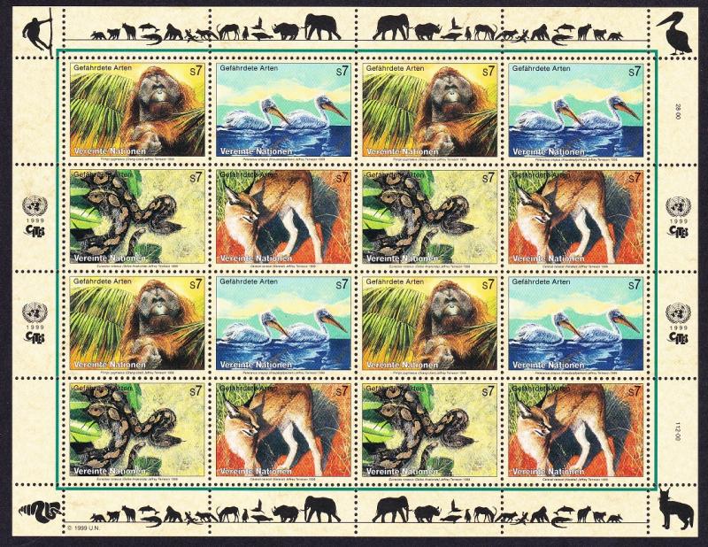 UN Vienna Birds Orang-utan Pelican Snake Sheetlet of 4 sets SG#V288-91