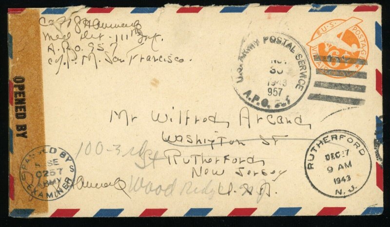 Hawaii Schofield Barracks APO #957 US Army Postal Service Airmail Cover WWII