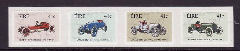 Ireland-Sc#1483a--unused NH strip-self-adhesives-Gordon Bennett Race-Cars-Maps-2