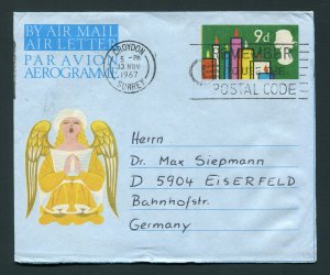 1967 Christmas Aerogramme Croydon, Surrey ENGLAND to Germany