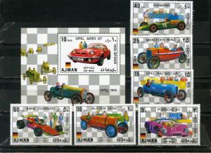 AJMAN 1971 OLD GERMAN RACING CARS SET OF 6 STAMPS & S/S PERF. MNH