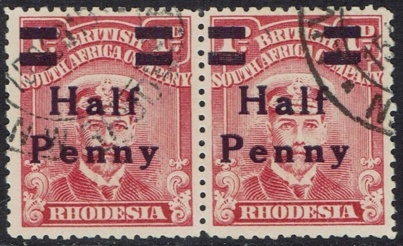 RHODESIA 1917 KGV ADMIRAL HALF PENNY ON 1D PAIR VARIETY SPACED NN USED