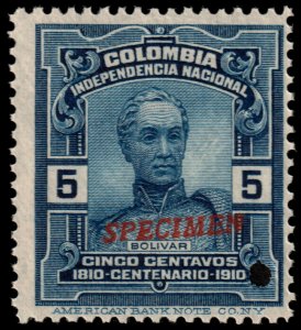 ✔️ COLOMBIA 1910 - INDEPENDENCE BOLIVAR SPECIMEN & PUNCH - SC. 334 MNH ** [049]