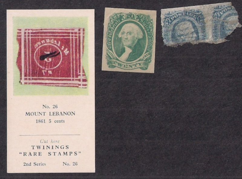 CSA LABELS, RELATED & a STAMP (#13), Twinings Mt Lebanon card, 1941 label, Miss