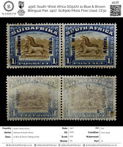 4516: South-West Africa SG51(A) 1s Blue & Brown. Bilingual Pair. 1927. Sc#90b...