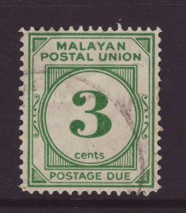 1952 Malaya 3c Postage Due Fine Used