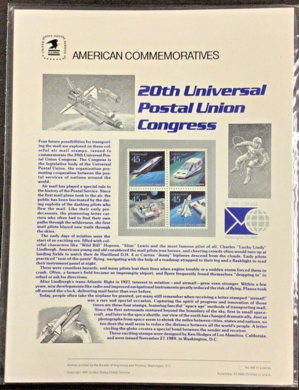 Commemorative Panel #342  Airmail Universal Postal Union  #C122-25  45 c 1989