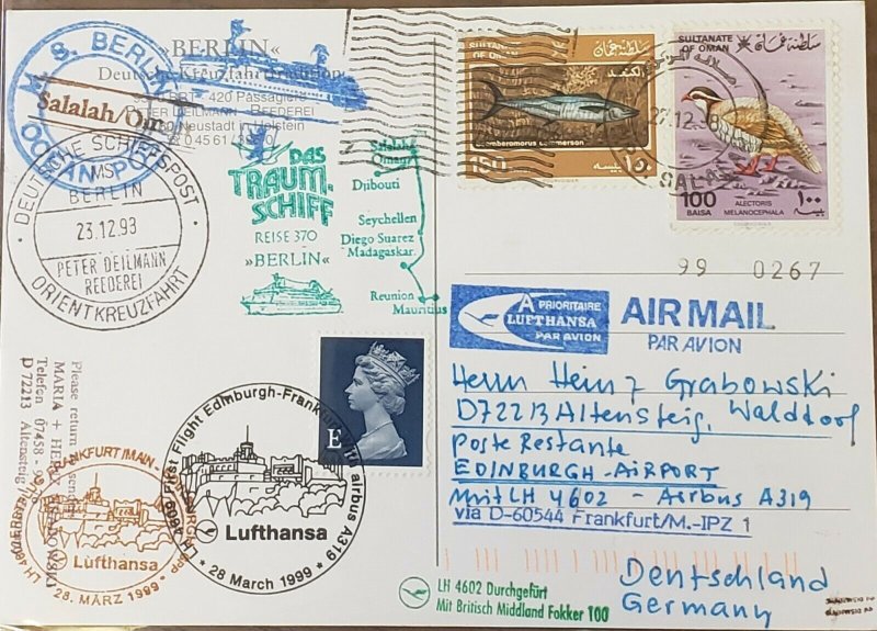 Lufthansa Ocen Post Card Edinburgh To Frankfurt Via Oman Salalah 1999