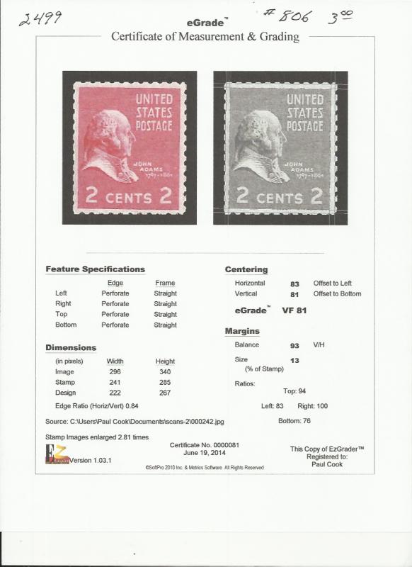 # 806 MINT NEVER HINGED JOHN ADAMS VF+