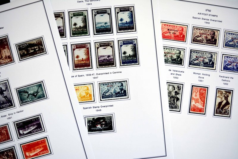 COLOR PRINTED IFNI 1941-1968 STAMP ALBUM PAGES (21 illustrated pages)