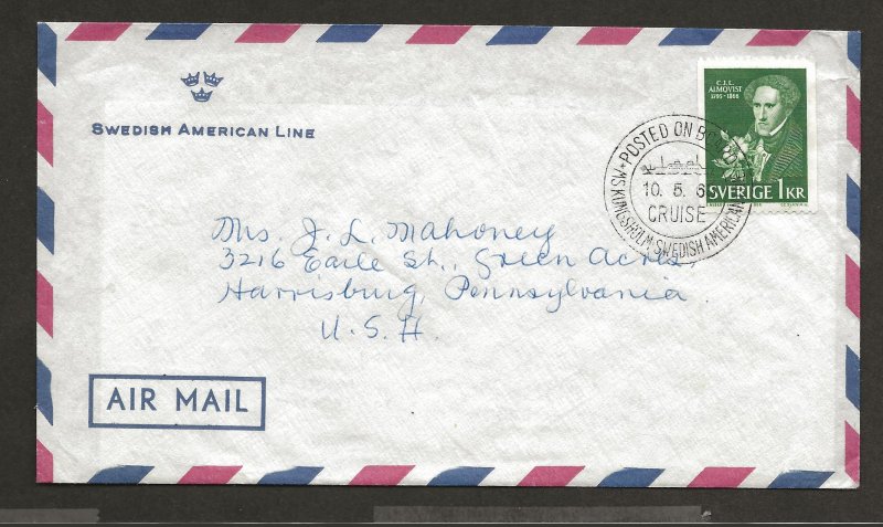 SWEDEN SC# 708 AIR MAIL FROM SWEDISH AMERICAN CRUISE LINE  FVF/U 1968