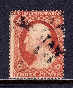 USA — SCOTT 25 — 1857 3c JEFFERSON, TYPE I, P15½ — USED — SCV $175