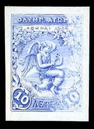 Greece #188P, 1901 Olympics, 10L trial color proof in blue on card