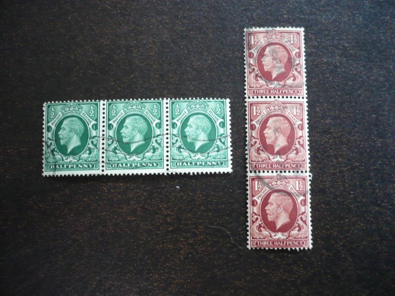 Stamps - Great Britain - Scott# 210, 212 - Used Strips of 3 Stamps