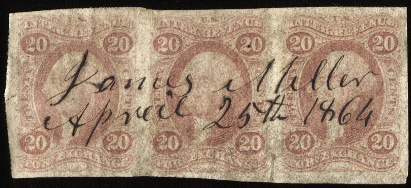 475 U.S. revenue R41a strip of 3, 20-cent Foreign Exchange imperf, SCV = $495