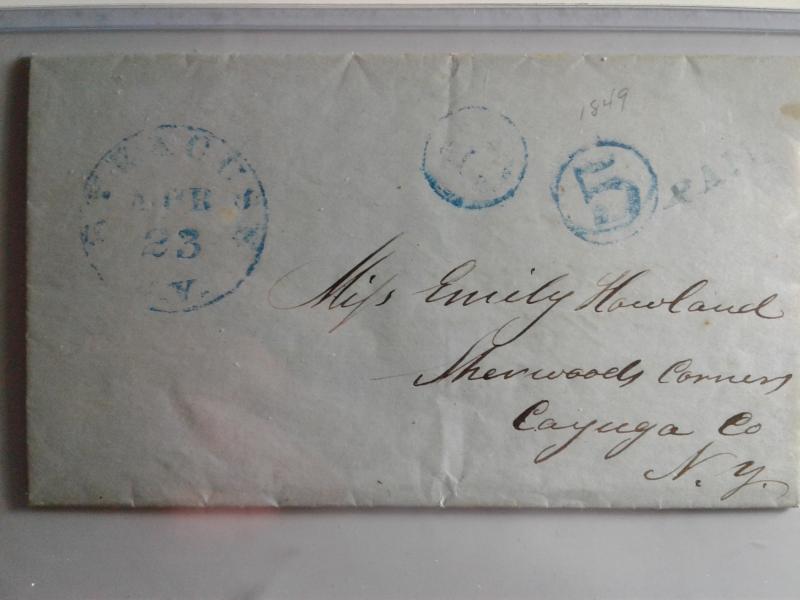 STAMPLESS  LETTER W/ BLUE CANCEL !!  AMERICAN POSTAL HISTORY 1849 !! WOW !!!!