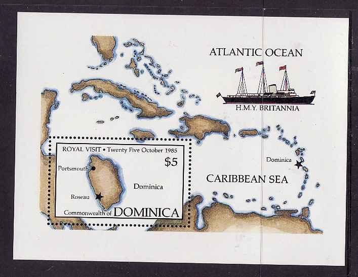 Dominica-Sc#918-unused NH sheet-Ships-1985-QEII visit-Maps-H