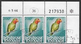 Togo #363 Top Plate Block Edge of 3 used.  Parrot.  Beautiful