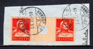 SWITZERLAND — ZUMSTEIN S30 — 1924 20c VERMILION TELL GUTTER PAIR— USED — CV $270