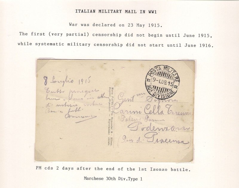 Italia 1915 POSTA MILITARE 30A DIVISIONE Italy WW1 Military Mail Postcard