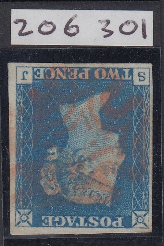 SG 5 1840 2d blue plate 1 variety inverted watermark. Very fine used with...