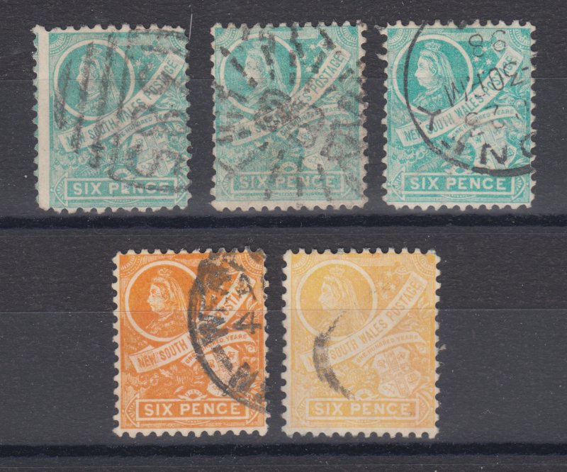 New South Wales SG 297f, 297fa, 297fb, 297ga, 297gc used. 1898 6p QV, all diff