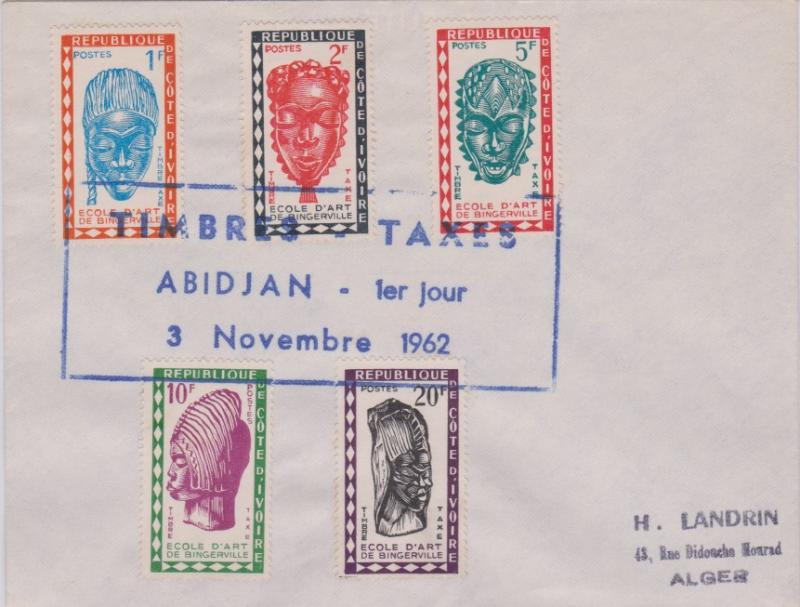 Ivory Coast 1F, 2F, 5F, 10F and 20F Masks and Heads Postage Due 1962 Timbre-T...