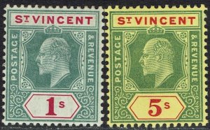 ST VINCENT 1904 KEVII 1/- AND 5/- WMK MULTI CROWN CA