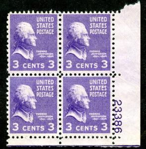 U.S. Scott 807 3-Cent Prexie/Prexy MNH Electric Eye Plate Block