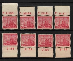 1934 Maryland Tercentenary Sc 736 MNH lot of 8 plate numbers Hebert CV $21