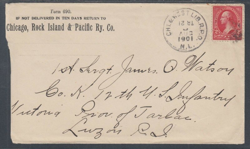 US Sc 251 on 1901 Railway Post Office Cover to Soldier in Philippines
