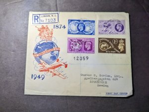 1949 Registered England UPU First Day Cover FDC London N5 to Stockholm Sweden