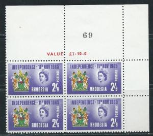 Rhodesia 207 1965 Arms Serial Number Block of 4 MNH