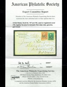 Scott #147 and 152 VF-used. with 2017 APS certificate. SCV - $350.00