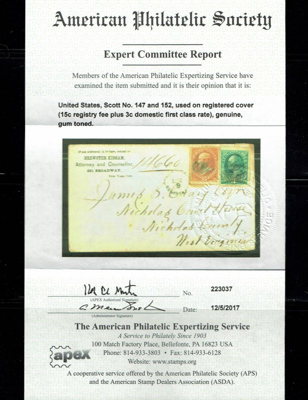 Scott #147 and 152 VF-used. with 2017 APS certificate. SCV - $350.00