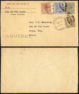 Bahamas KGV Mixed Franking cover AIR MAIL FIELD MIAMI Cancelation