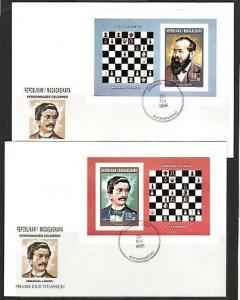 Malagasy Rep., Scott cat. 1306-1307 A. Chess Masters s/sheet. First day covers.