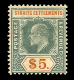 Straits Settlements #127 Cat$350, 1904 $5 green and brown orange, hinged