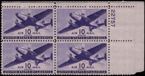 US #C27 10 TRANSPORT MNH UR PLATE BLOCK #22757 DURLAND $6.00