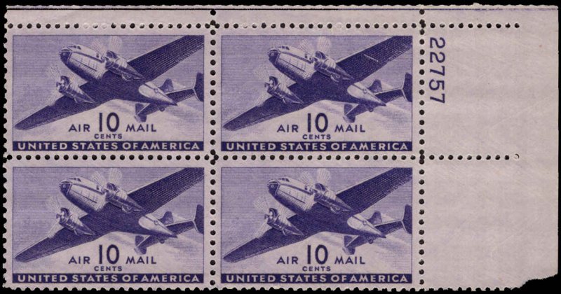 US #C27 10 TRANSPORT MNH UR PLATE BLOCK #22757 DURLAND $6.00