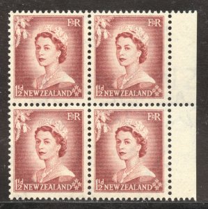 New Zealand Scott 290 MNHOG Block of 4 - 1953 1½p Queen Elizabeth II - SCV $1.00