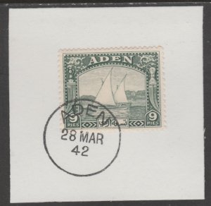 ADEN 1937 DHOW 9pi green on piece with MADAME JOSEPH  POSTMARK