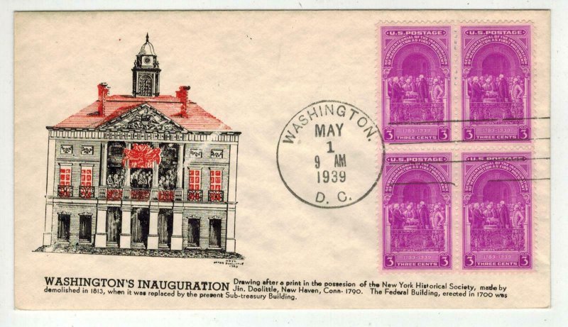 1939 Anniv. George Washington Inauguration 854-33 Cachetcraft Nice D.C. Cancel