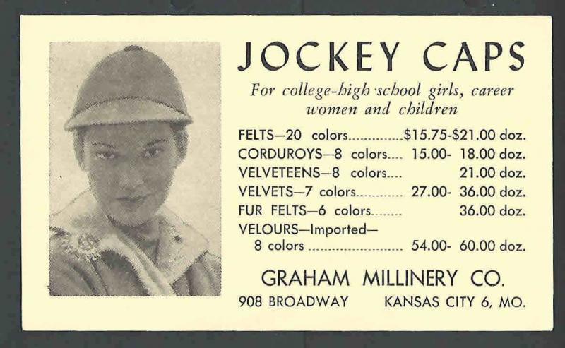 Ca1946 PC  KANSAS CITY MO GRAHAM MILLINERY CO SELLS ALL TYPES OF JOCKEY SEE INFO